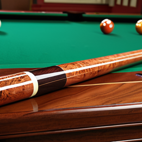 ** A close-up shot of a beautifully crafted maple wood billiard cue, highlighting the wood grain and classic design. The cue is resting on a billiard table with balls neatly arranged. Focus on the warm tones and traditional feel.

**