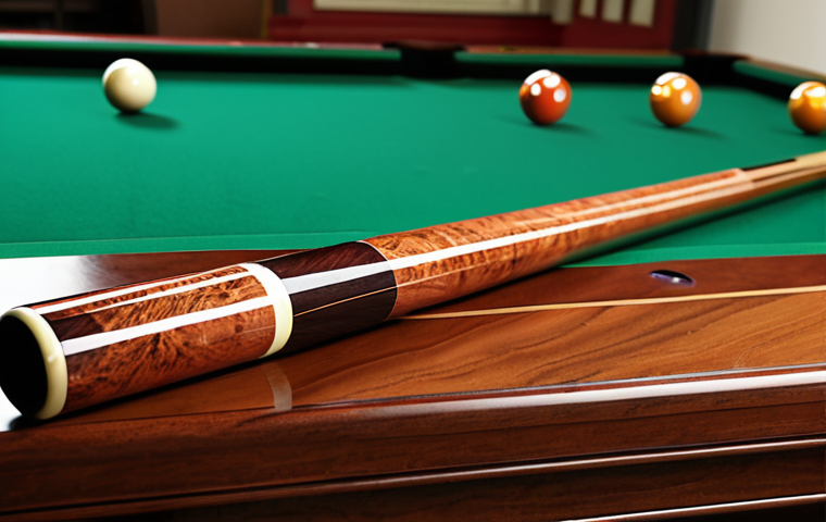 ** A close-up shot of a beautifully crafted maple wood billiard cue, highlighting the wood grain and classic design. The cue is resting on a billiard table with balls neatly arranged. Focus on the warm tones and traditional feel.

**