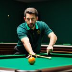 A male professional 3-cushion billiards player, mid-shot, poised with a cue stick over a pristine green 3-cushion billiard table. He is wearing a modest, professional polo shirt and dark trousers. The setting is a well-lit, vibrant billiards salon in Portugal, specifically a club in Lisbon, with soft, ambient lighting illuminating the playing area. His expression is one of intense focus and strategic calculation, his eyes fixed on the balls. The background features blurred outlines of other tables and a subtle, respectfully watching audience. fully clothed, appropriate attire, modest clothing, professional dress, safe for work, appropriate content, family-friendly, perfect anatomy, correct proportions, natural pose, well-formed hands, proper finger count, natural body proportions, professional photography, high resolution, cinematic lighting, shallow depth of field, clear details, 8K.