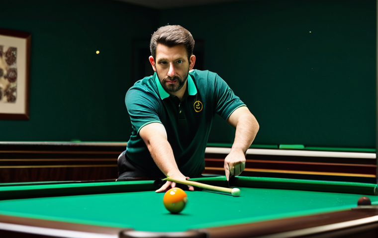 A male professional 3-cushion billiards player, mid-shot, poised with a cue stick over a pristine green 3-cushion billiard table. He is wearing a modest, professional polo shirt and dark trousers. The setting is a well-lit, vibrant billiards salon in Portugal, specifically a club in Lisbon, with soft, ambient lighting illuminating the playing area. His expression is one of intense focus and strategic calculation, his eyes fixed on the balls. The background features blurred outlines of other tables and a subtle, respectfully watching audience. fully clothed, appropriate attire, modest clothing, professional dress, safe for work, appropriate content, family-friendly, perfect anatomy, correct proportions, natural pose, well-formed hands, proper finger count, natural body proportions, professional photography, high resolution, cinematic lighting, shallow depth of field, clear details, 8K.