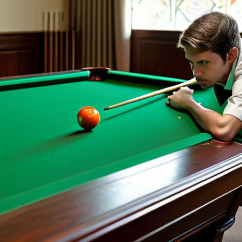 Focused Billiards Player**

A professional billiards player, fully clothed in a modest polo shirt and slacks, carefully aiming at a billiard ball on a green felt table in a well-lit, upscale billiards room.  Concentrated expression, perfect anatomy, natural pose, well-formed hands holding a cue stick. Safe for work, appropriate content, professional, family-friendly.

**