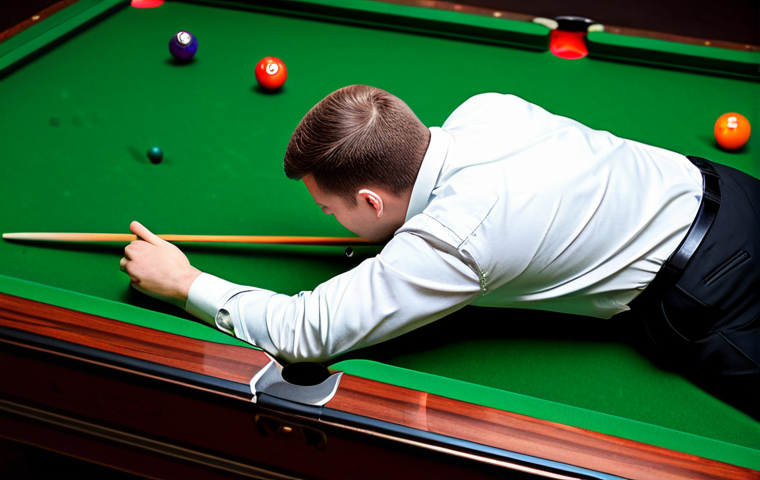 Strategic Billiards Player**

"A professional billiards player, fully clothed in a modest collared shirt and trousers, meticulously aiming a shot at a billiard table, focused expression, surrounded by the green felt and colorful billiard balls, safe for work, appropriate content, perfect anatomy, natural proportions, well-formed hands, professional lighting, family-friendly."

**