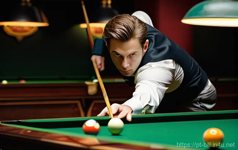 당구 스핀샷 연습법 - **Prompt 1: The Art of the Spin Shot**
"A highly focused male billiards player, mid-shot, demons...