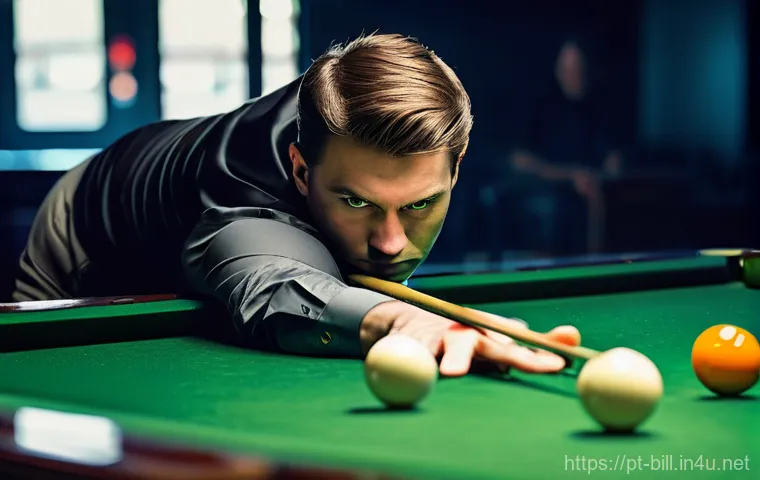 3쿠션 당구 기술 가이드 - **Prompt:** A focused male billiards player, mid-shot, demonstrating perfect posture and a relaxed, ...