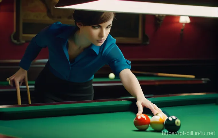 3쿠션 당구 기술 가이드 - **Prompt:** A focused male billiards player, mid-shot, demonstrating perfect posture and a relaxed, ...