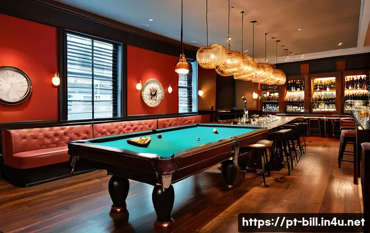 당구 클럽 홍보 방법 - **Prompt:** A visually stunning, modern billiard club interior, designed for comfort and luxury. Sof...
