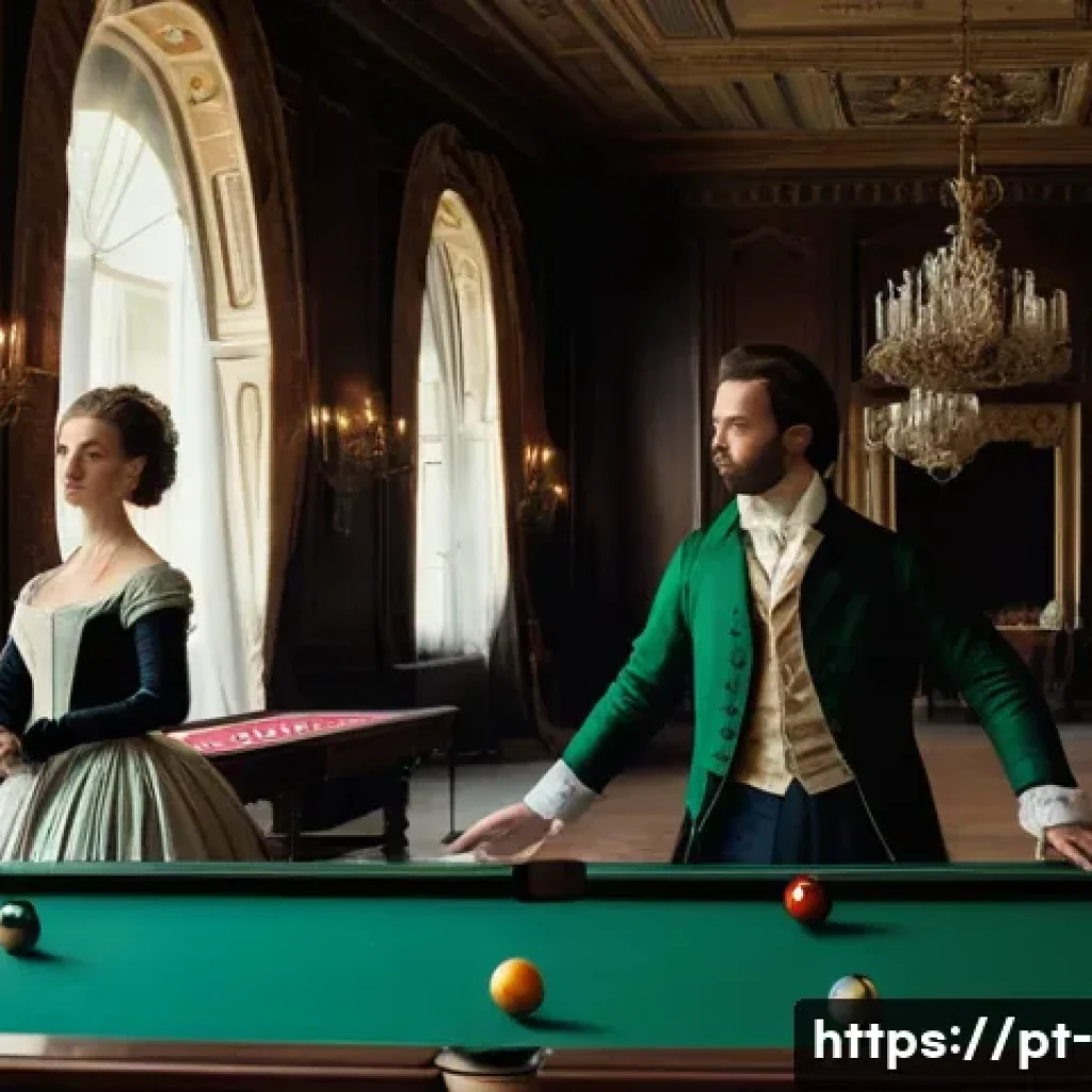 당구 스포츠의 역사 - **Prompt:** "An 18th-century European noblewoman and nobleman engaging in a game of billiards within...