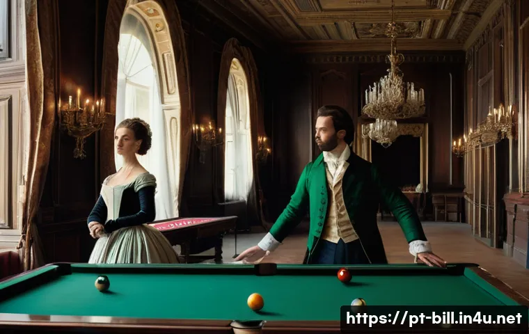 당구 스포츠의 역사 - **Prompt:** "An 18th-century European noblewoman and nobleman engaging in a game of billiards within...