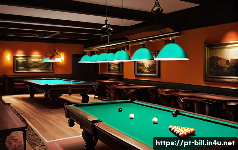 수원 당구장 추천 - **Prompt:** A cozy and inviting billiard hall at night, with soft, directional lighting casting a wa...