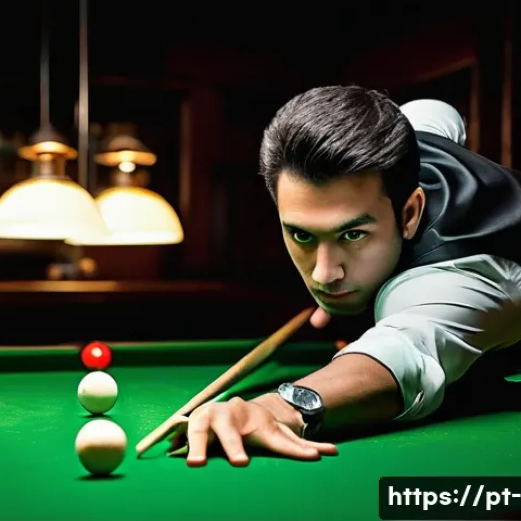 당구 각도 계산기 활용법 - A detailed, realistic scene of a skilled Brazilian billiards player aiming a shot on a classic snook...
