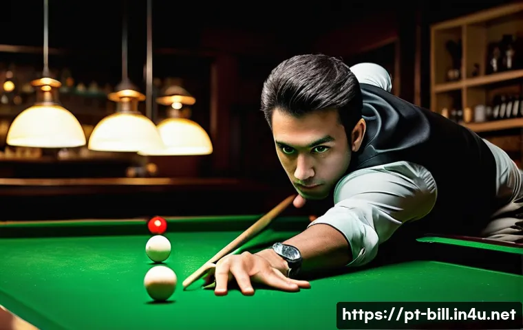 당구 각도 계산기 활용법 - A detailed, realistic scene of a skilled Brazilian billiards player aiming a shot on a classic snook...