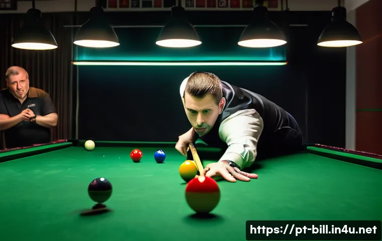 당구 대회 규정 - A professional snooker tournament scene in a modern Brazilian billiard hall, showing two adult male ...