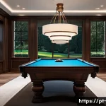 Home 21 당구 테이블 크기별 차이 - A cozy home billiard room featuring a classic 7-foot pool table with walnut wood finish, surrounded ...