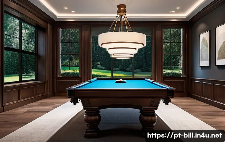 당구 테이블 크기별 차이 - A cozy home billiard room featuring a classic 7-foot pool table with walnut wood finish, surrounded ...