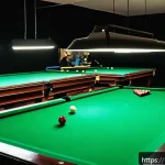 Home 23 당구 행사 이벤트 - A vibrant Brazilian snooker tournament scene inside a modern cultural center in São Paulo, featuring...