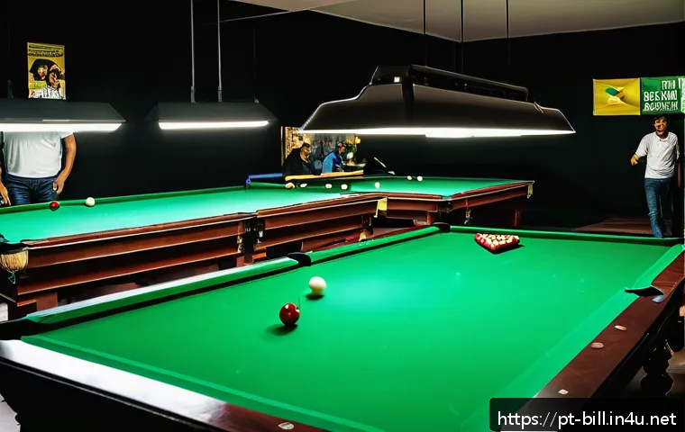 당구 행사 이벤트 - A vibrant Brazilian snooker tournament scene inside a modern cultural center in São Paulo, featuring...