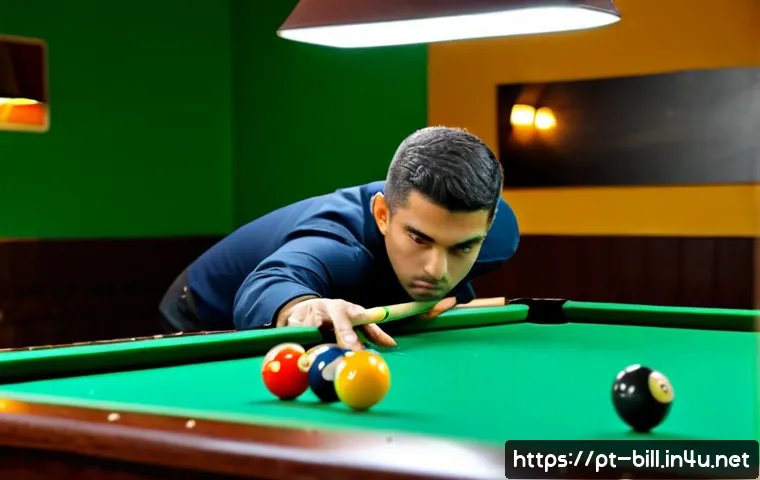 Home 17 당구 게임 심리학 - Photorealistic Brazilian billiards player in a focused pre-shot routine, standing beside a green fel...